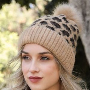 Soft leopard pom pom beanies brown, pink, white